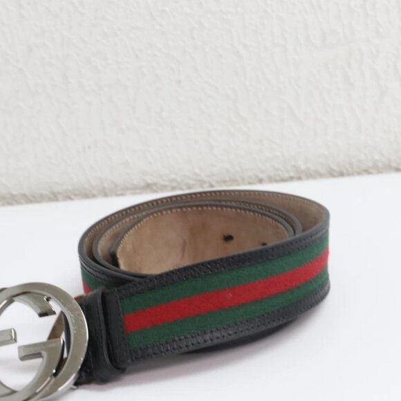 Gucci 114984 Web Green Red Canvas Leather Interlocking G Buckle Belt 90 / 36 - Picture 2 of 8